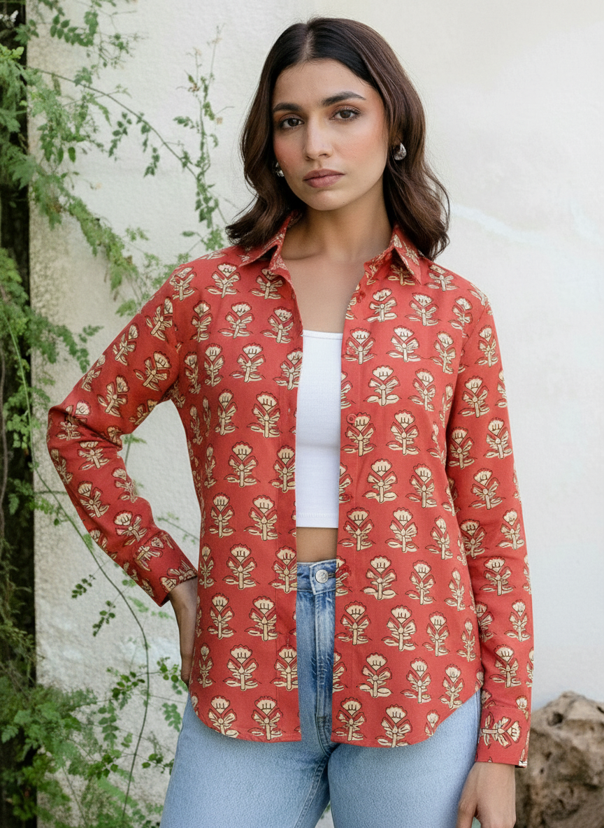 Rust Red Floral Block Print Casual Shirt for Women
