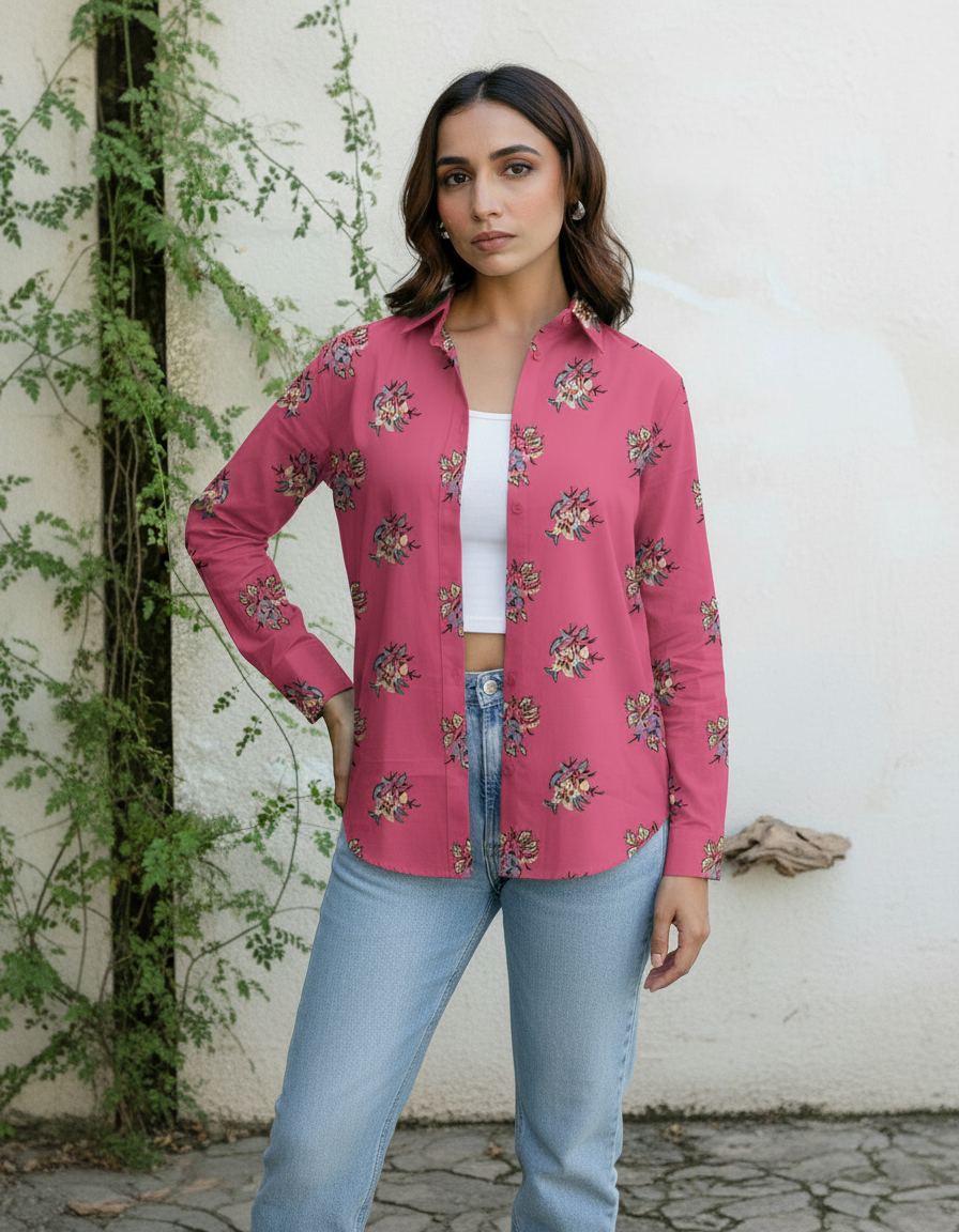 Pink Floral Print Casual Button-Down Shirt for Women