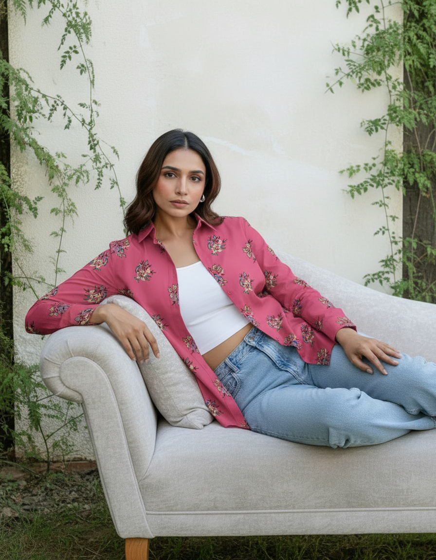 Pink Floral Print Casual Button-Down Shirt for Women