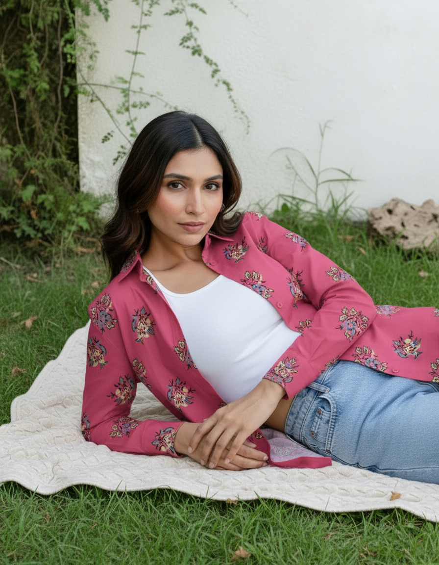 Pink Floral Print Casual Button-Down Shirt for Women