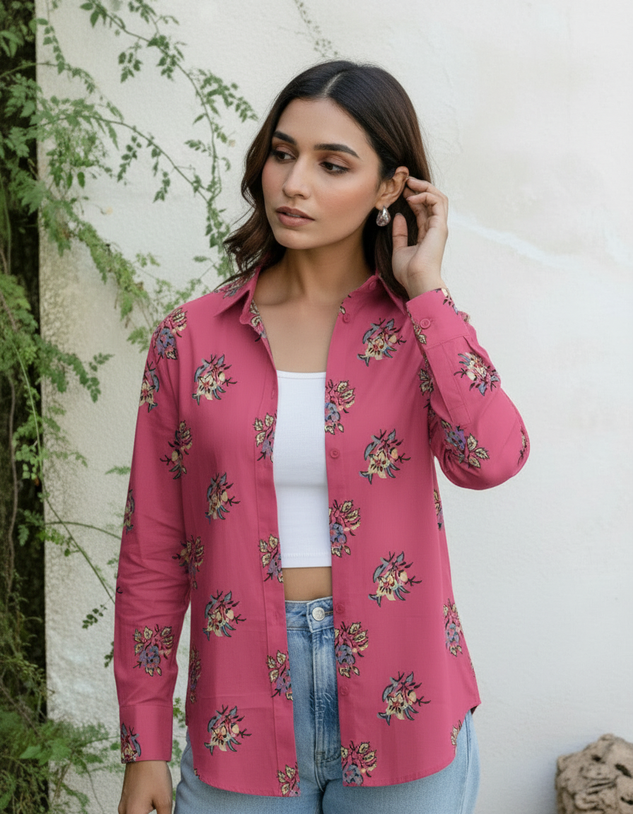 Pink Floral Print Casual Button-Down Shirt for Women