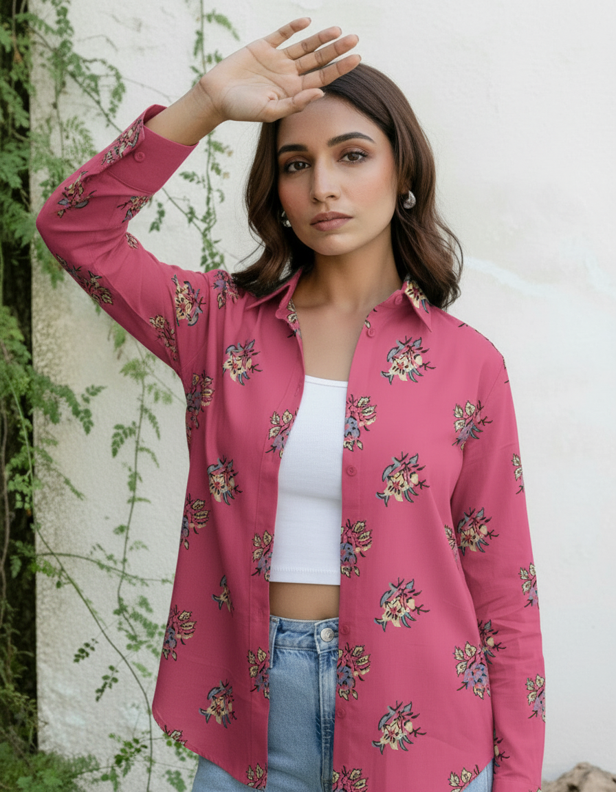 Pink Floral Print Casual Button-Down Shirt for Women