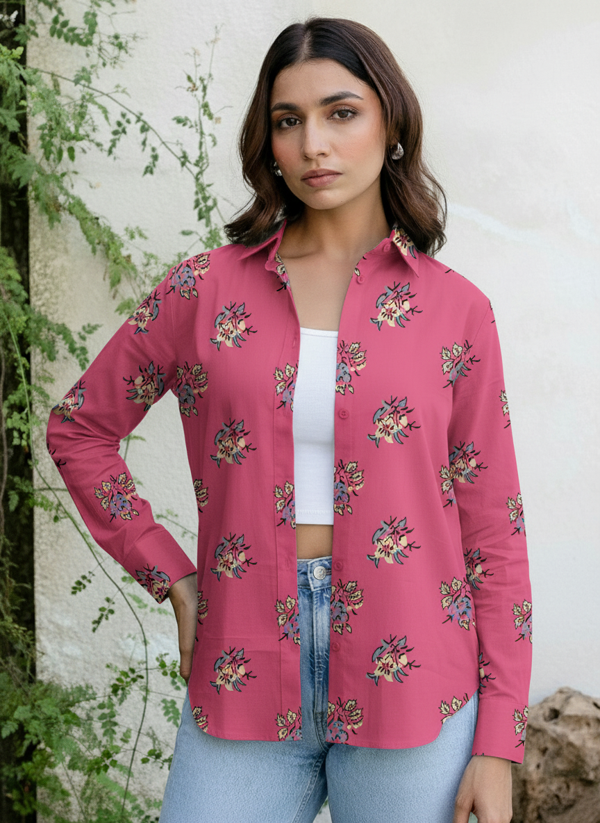 Pink Floral Print Casual Button-Down Shirt for Women