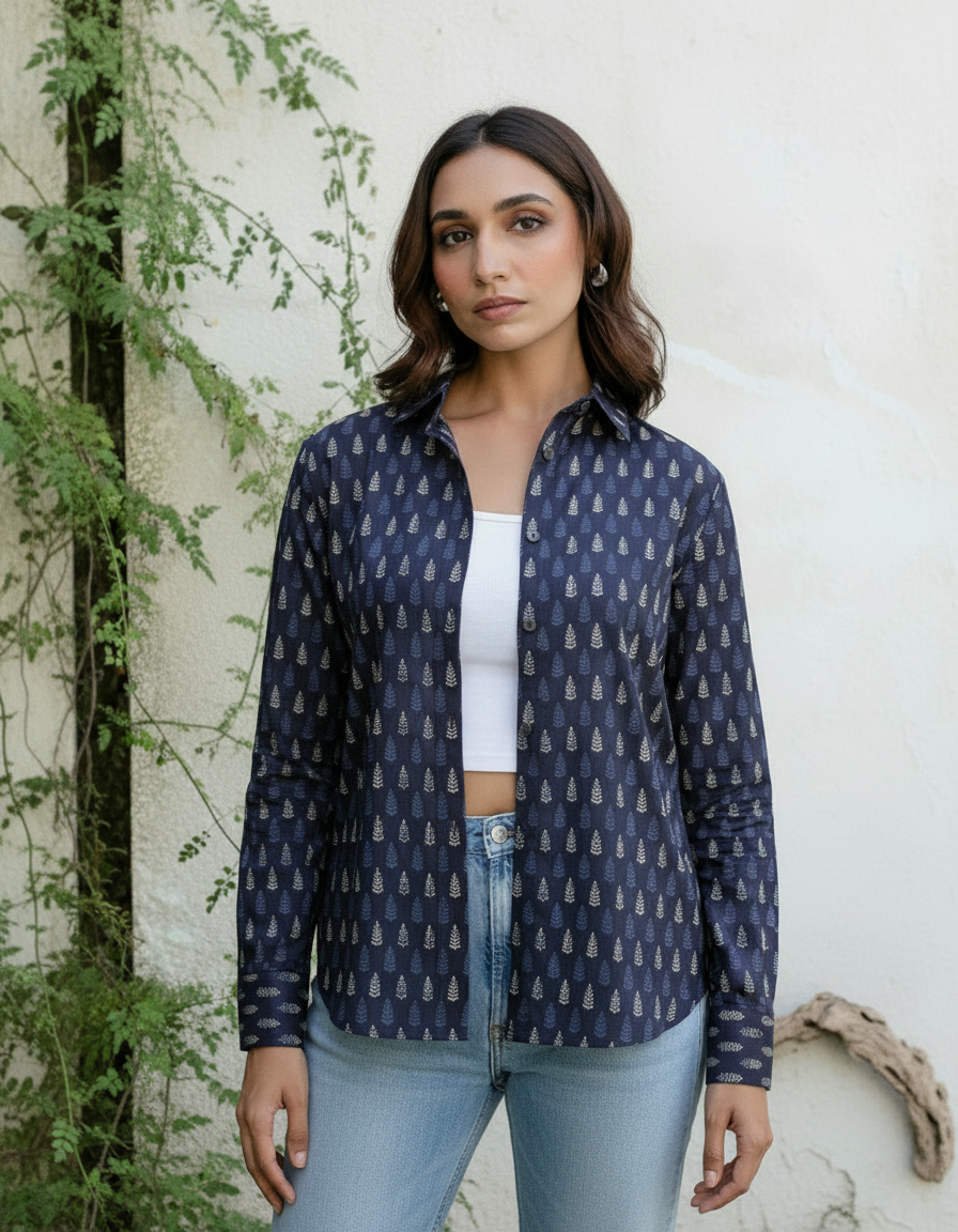 Navy Blue Mini Leaf Print Casual Shirt for Women