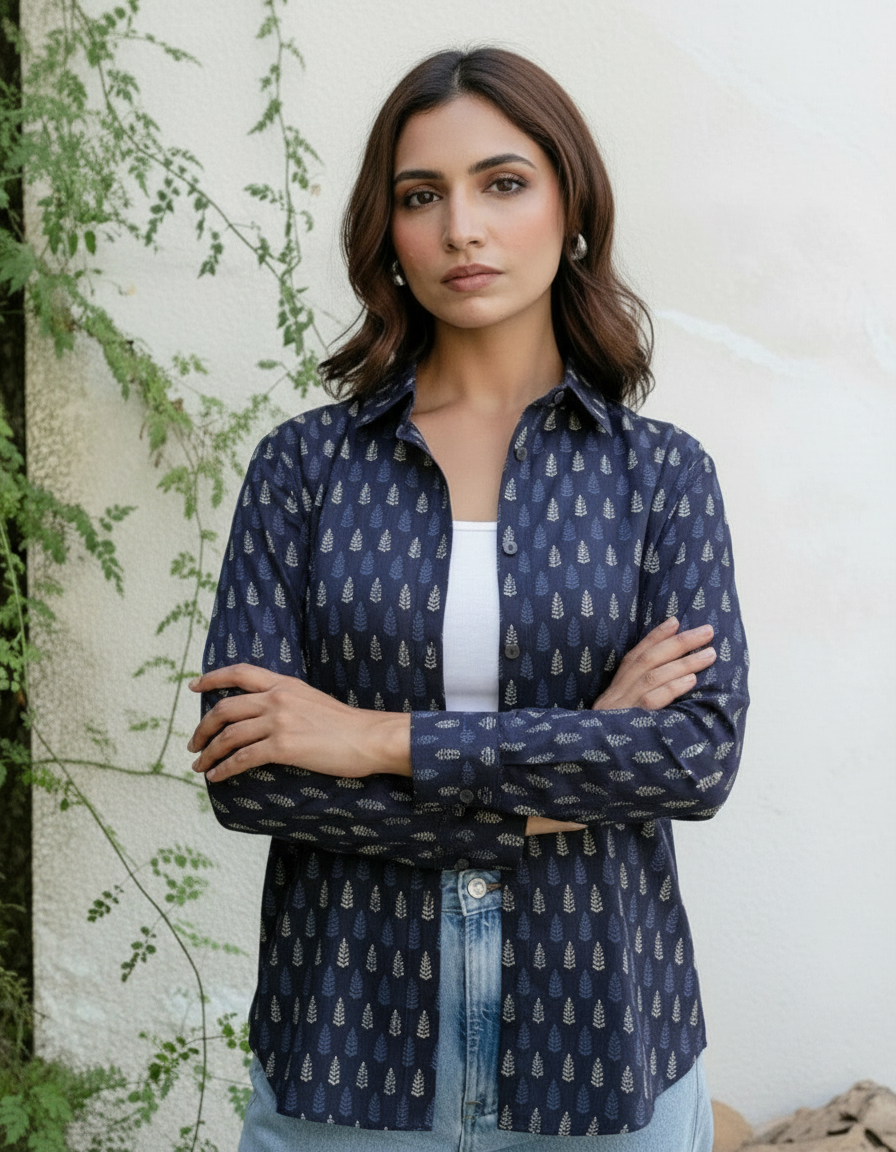 Navy Blue Mini Leaf Print Casual Shirt for Women