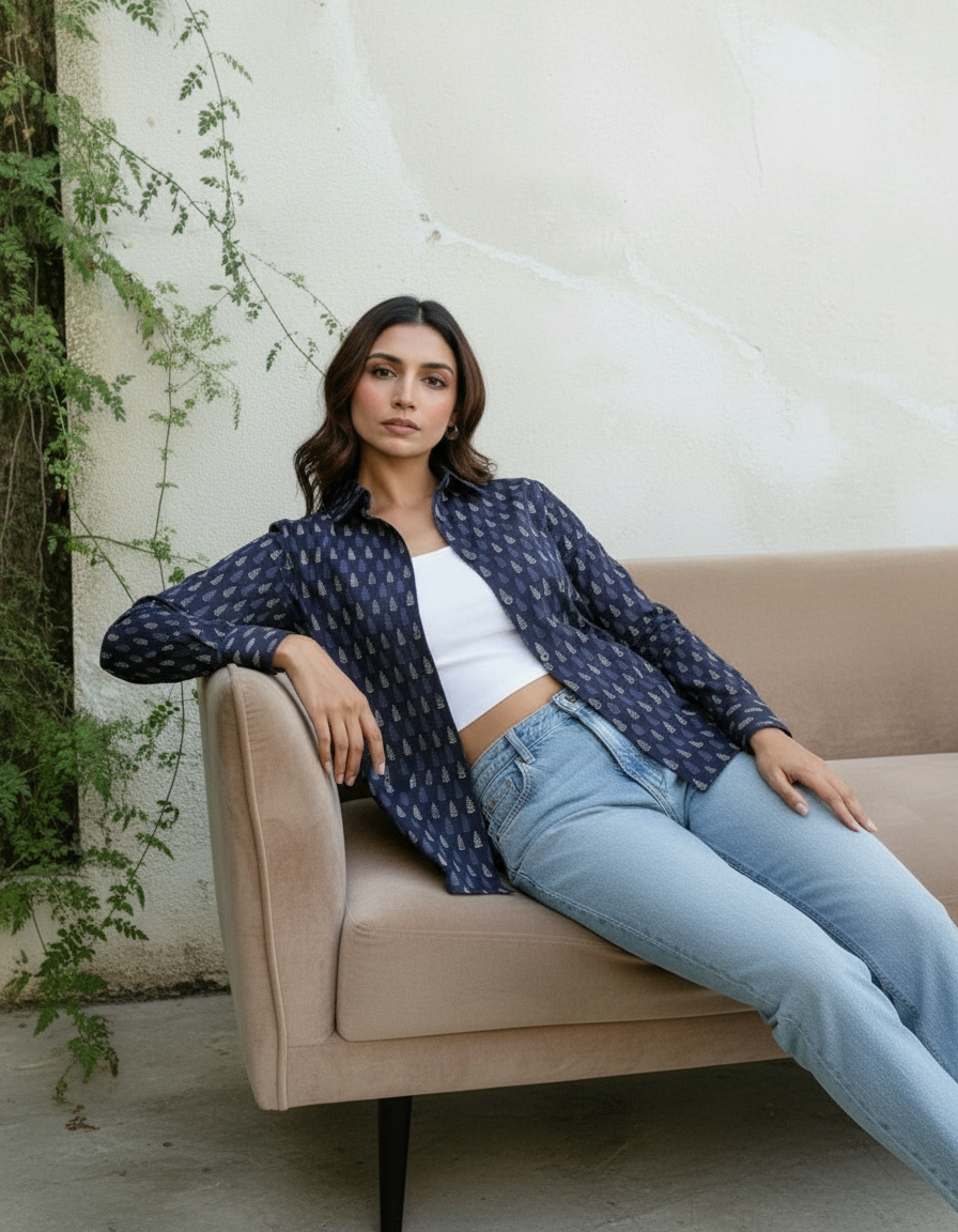 Navy Blue Mini Leaf Print Casual Shirt for Women