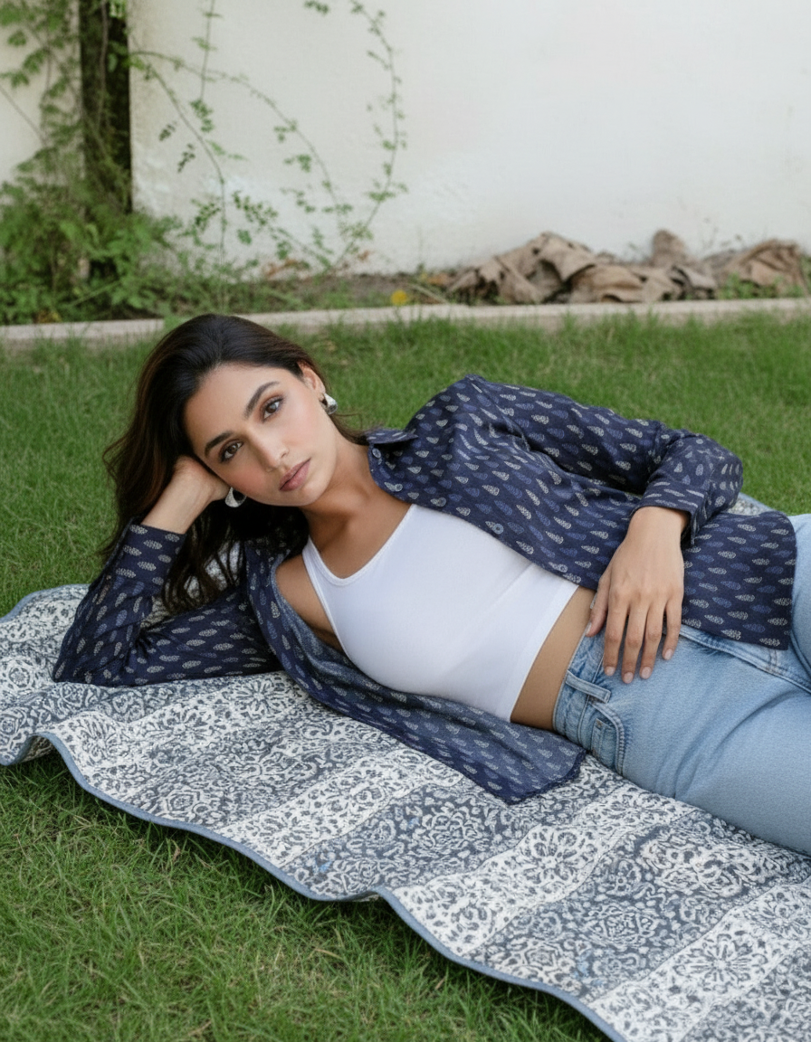 Navy Blue Mini Leaf Print Casual Shirt for Women