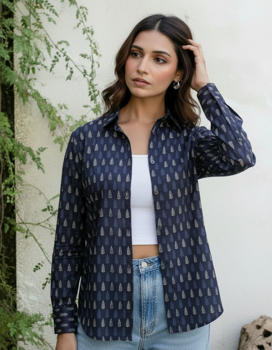 Navy Blue Mini Leaf Print Casual Shirt for Women