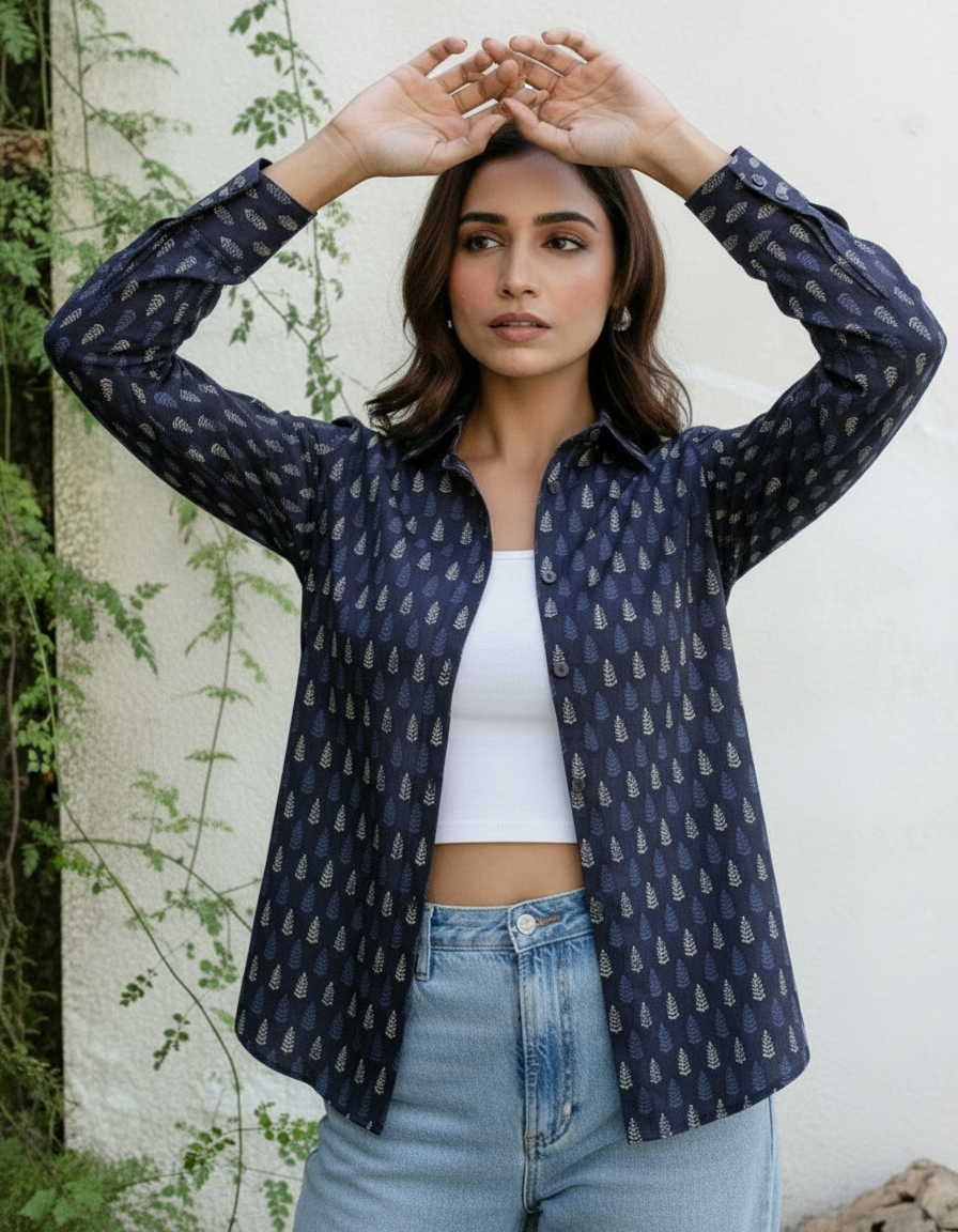 Navy Blue Mini Leaf Print Casual Shirt for Women