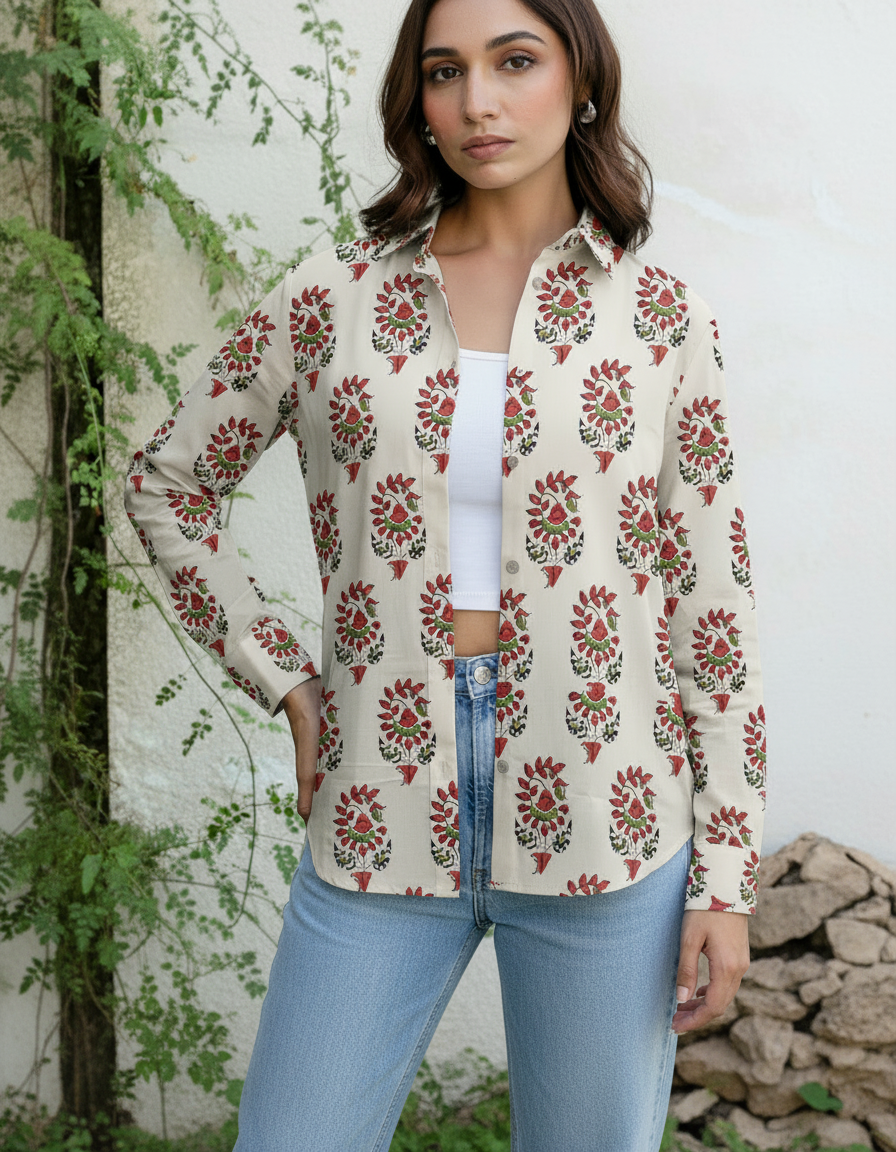 Cream Floral Mughal Print Casual Shirt for Women