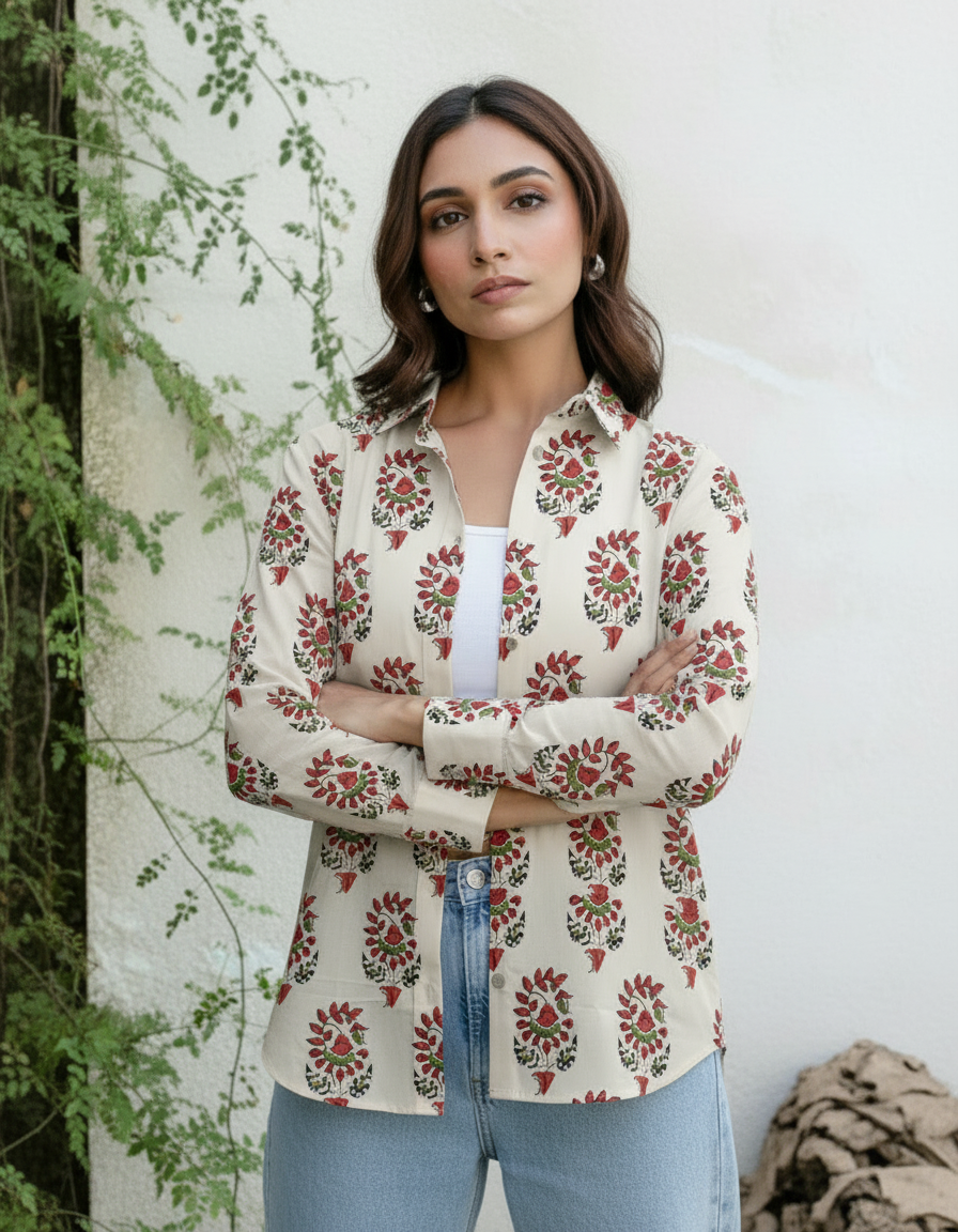 Cream Floral Mughal Print Casual Shirt for Women