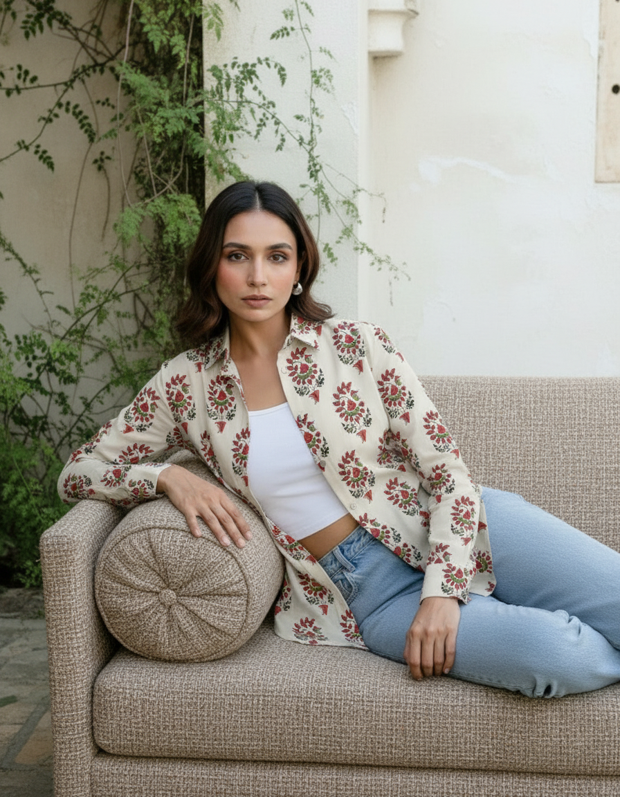 Cream Floral Mughal Print Casual Shirt for Women