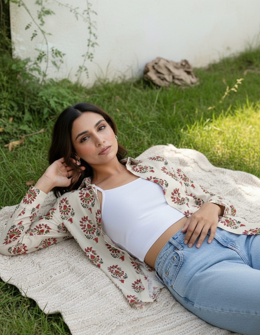 Cream Floral Mughal Print Casual Shirt for Women