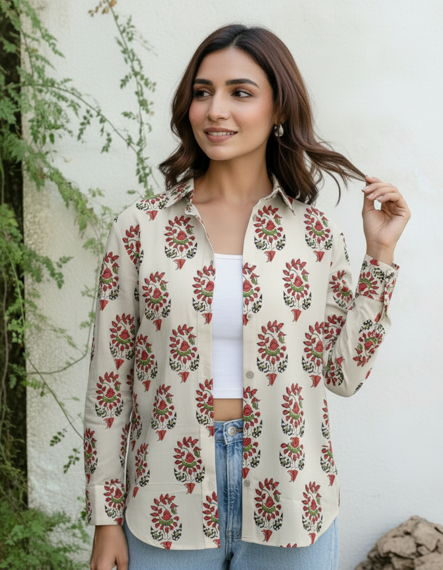Cream Floral Mughal Print Casual Shirt for Women
