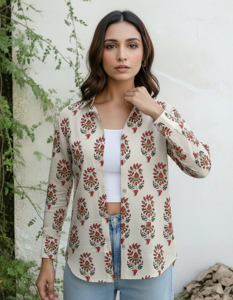 Cream Floral Mughal Print Casual Shirt for Women