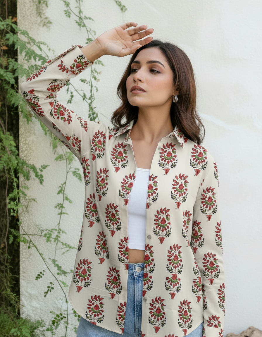 Cream Floral Mughal Print Casual Shirt for Women