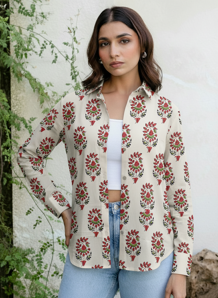 Cream Floral Mughal Print Casual Shirt for Women