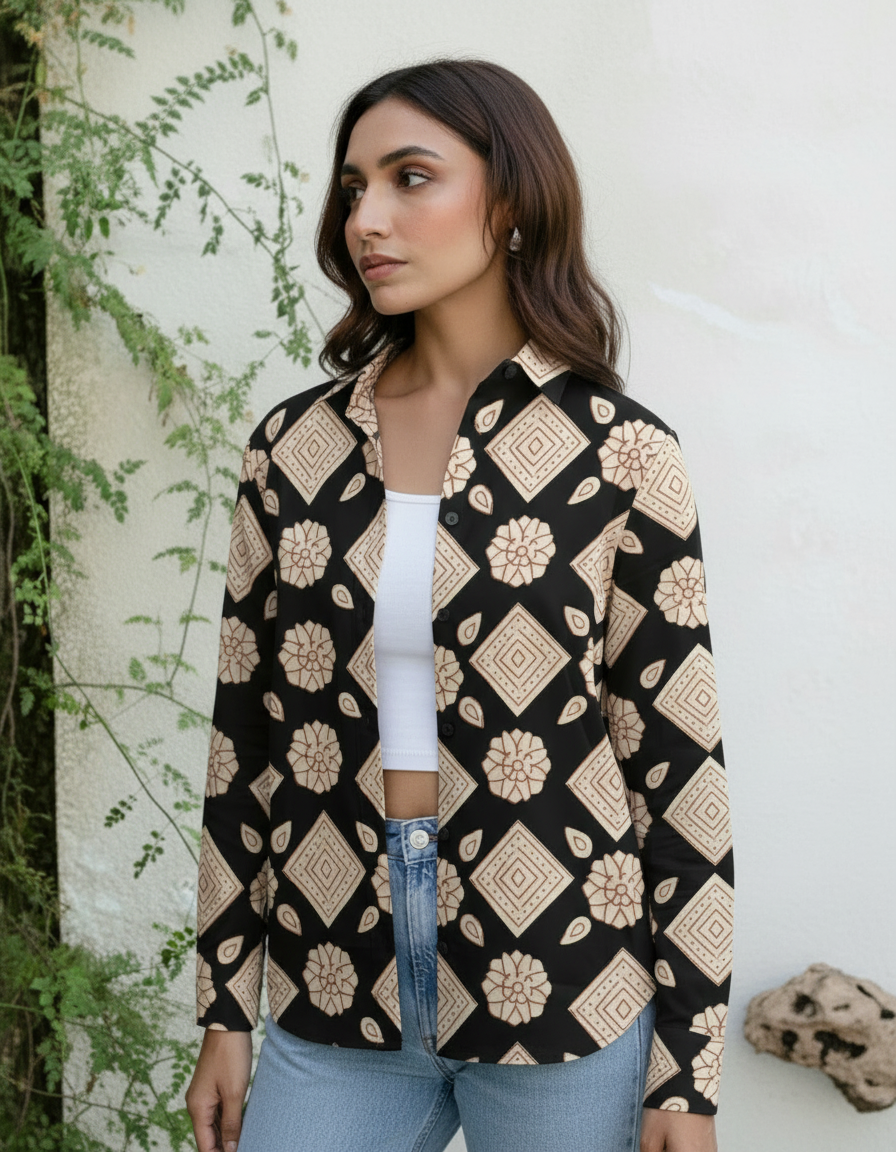 Black Geometric Floral Print Casual Shirt for Women