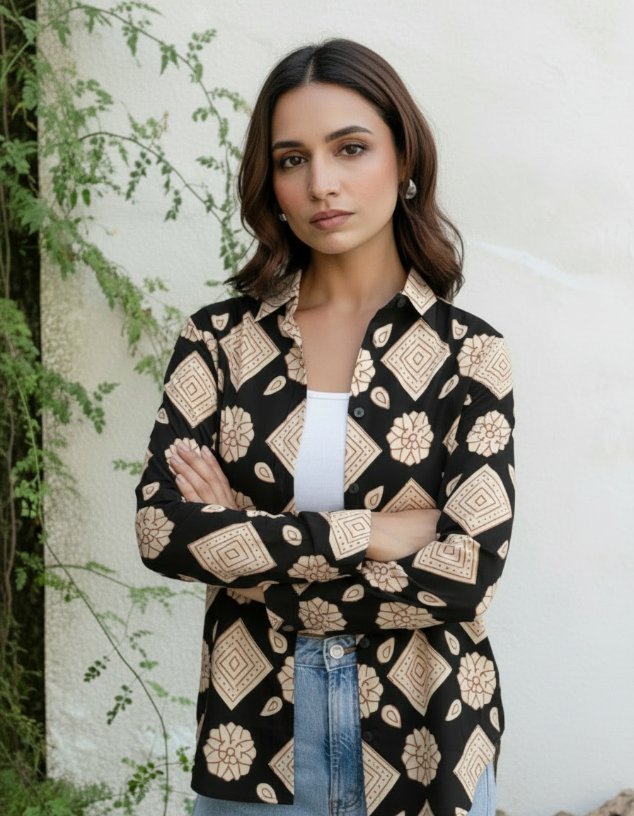 Black Geometric Floral Print Casual Shirt for Women