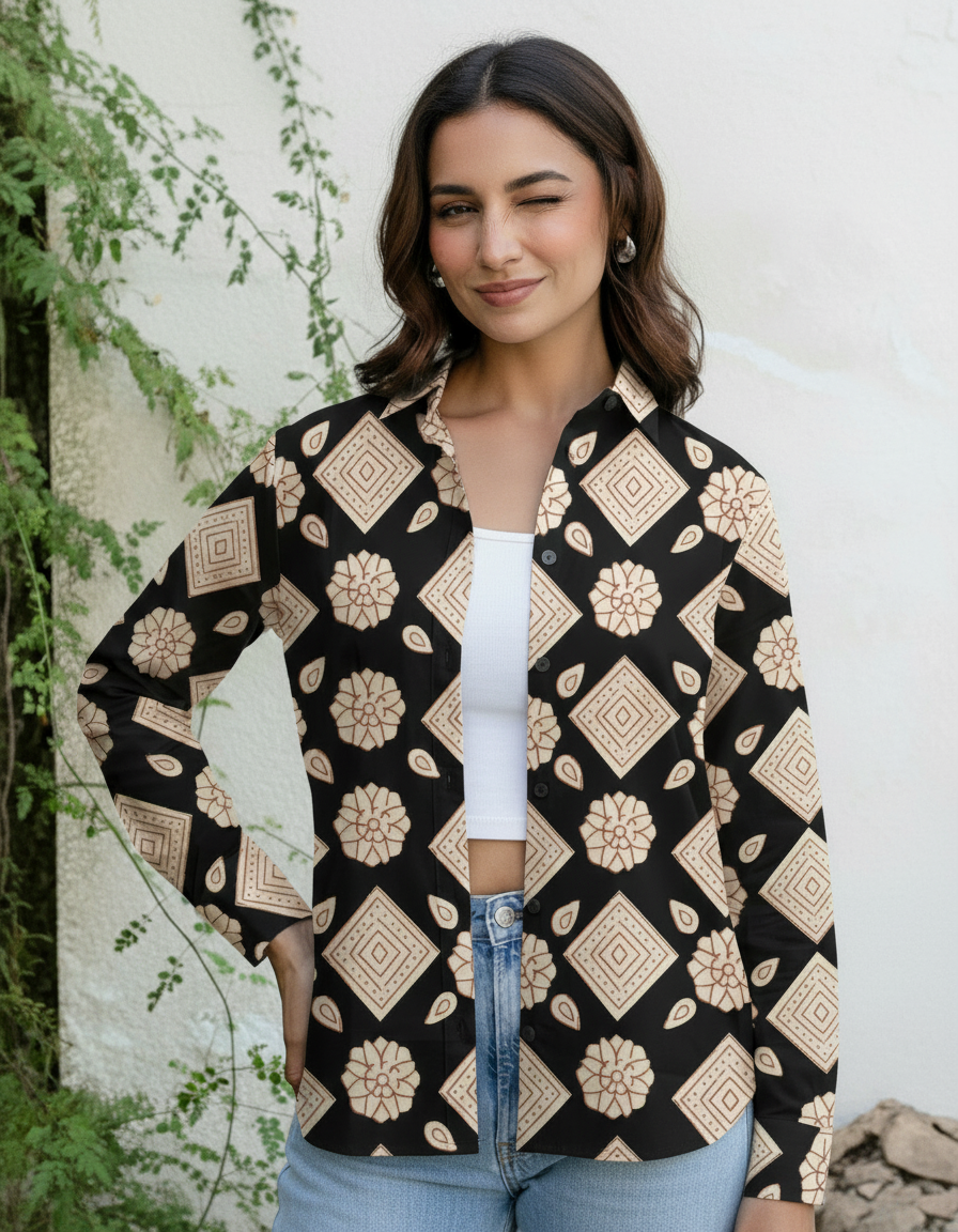 Black Geometric Floral Print Casual Shirt for Women