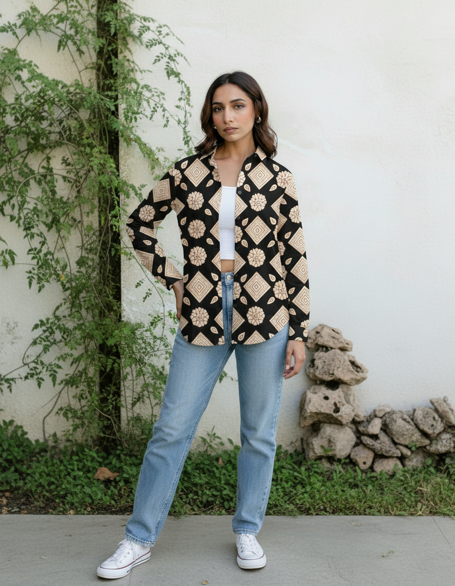 Black Geometric Floral Print Casual Shirt for Women