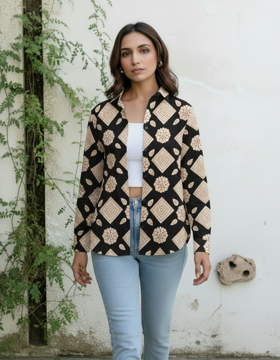 Black Geometric Floral Print Casual Shirt for Women