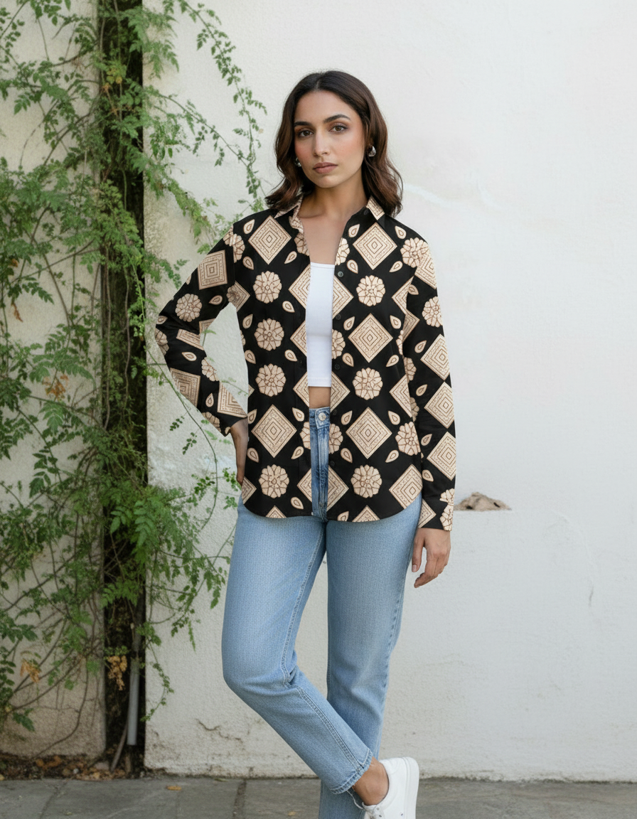 Black Geometric Floral Print Casual Shirt for Women