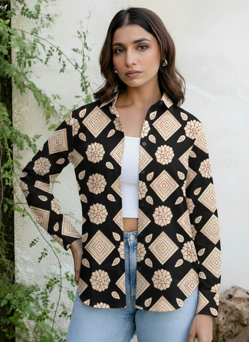 Black Geometric Floral Print Casual Shirt for Women
