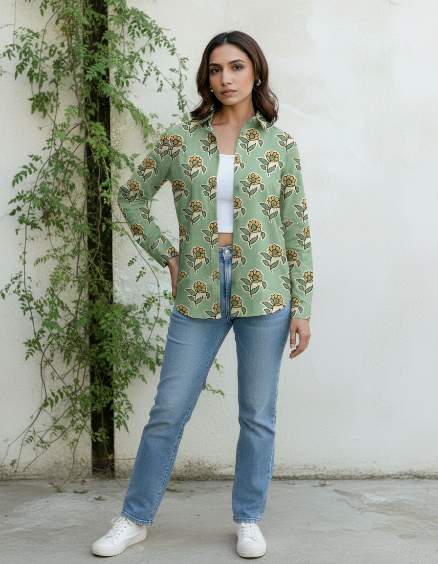 Sage Green Floral Print Casual Shirt for Women