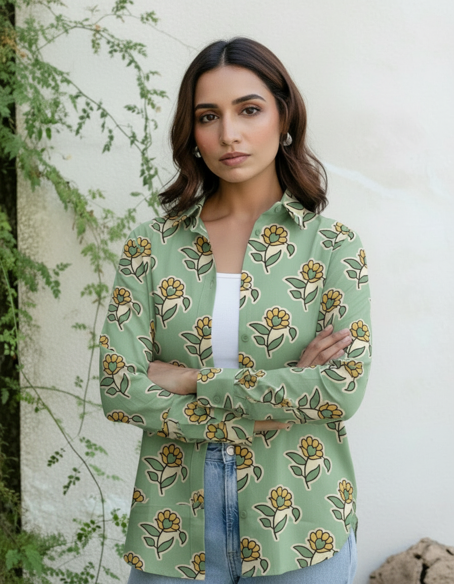 Sage Green Floral Print Casual Shirt for Women