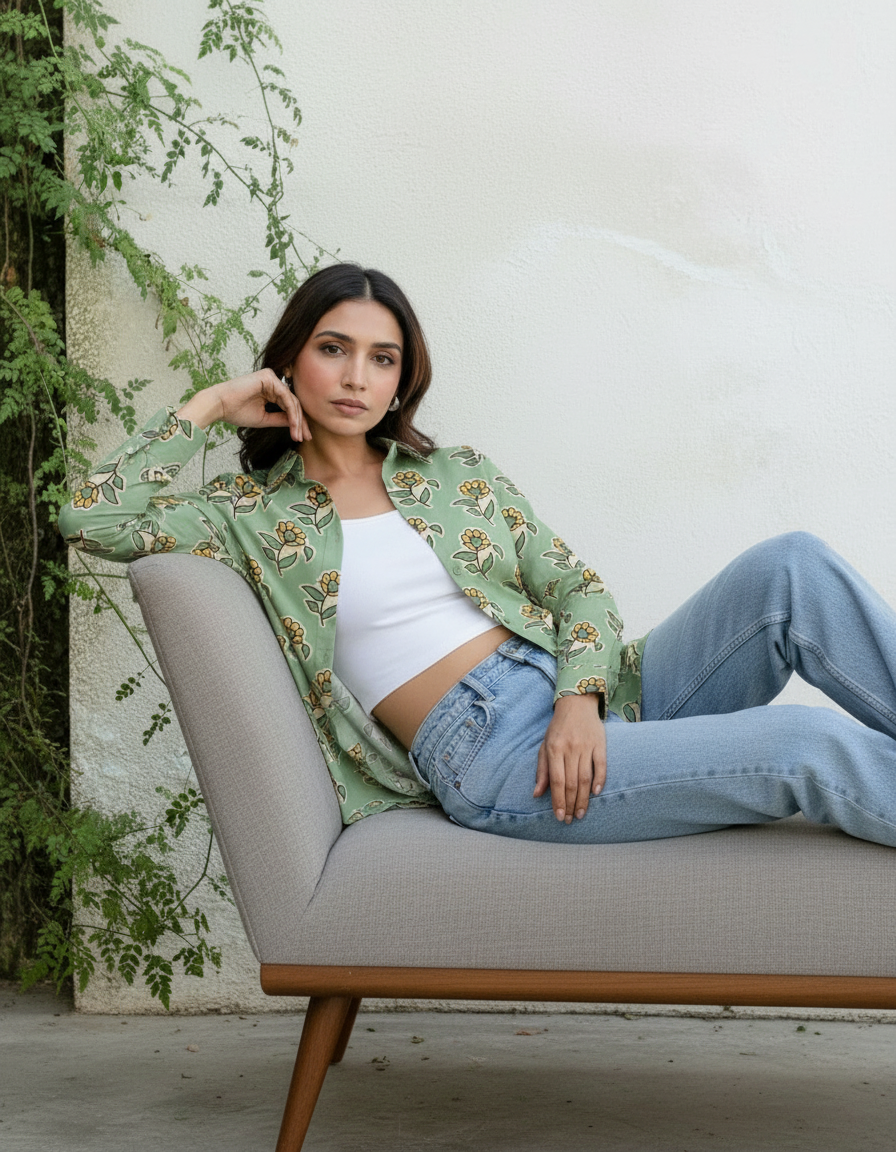 Sage Green Floral Print Casual Shirt for Women