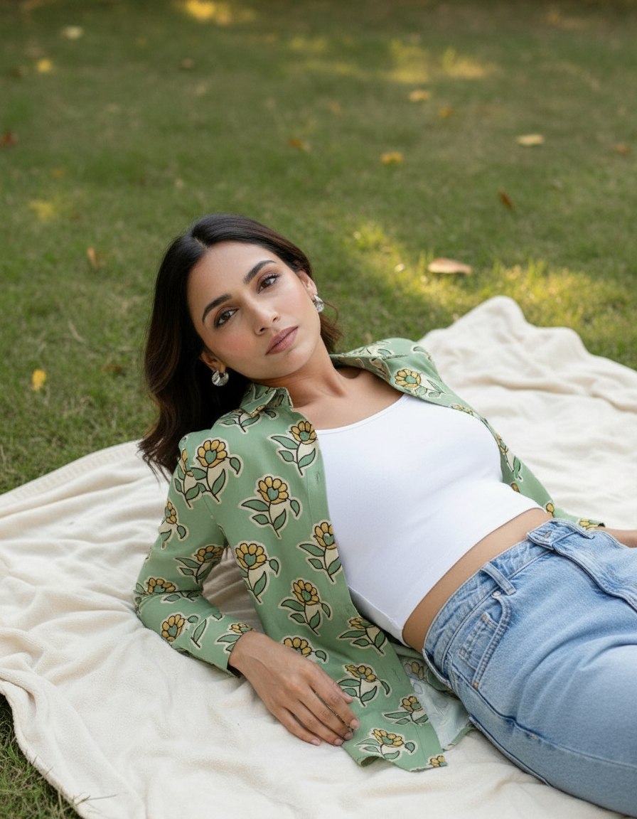 Sage Green Floral Print Casual Shirt for Women