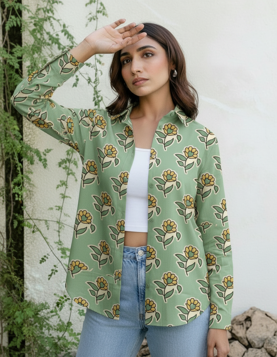 Sage Green Floral Print Casual Shirt for Women
