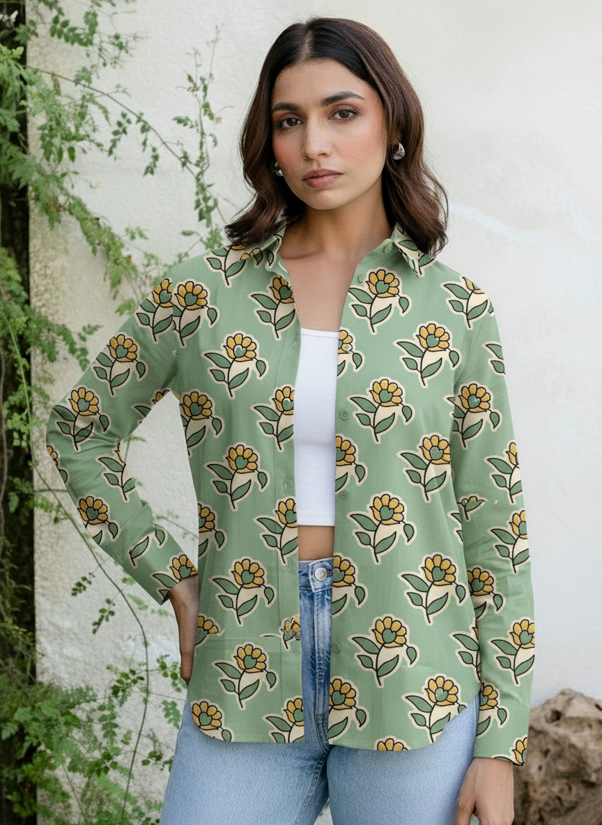 Sage Green Floral Print Casual Shirt for Women