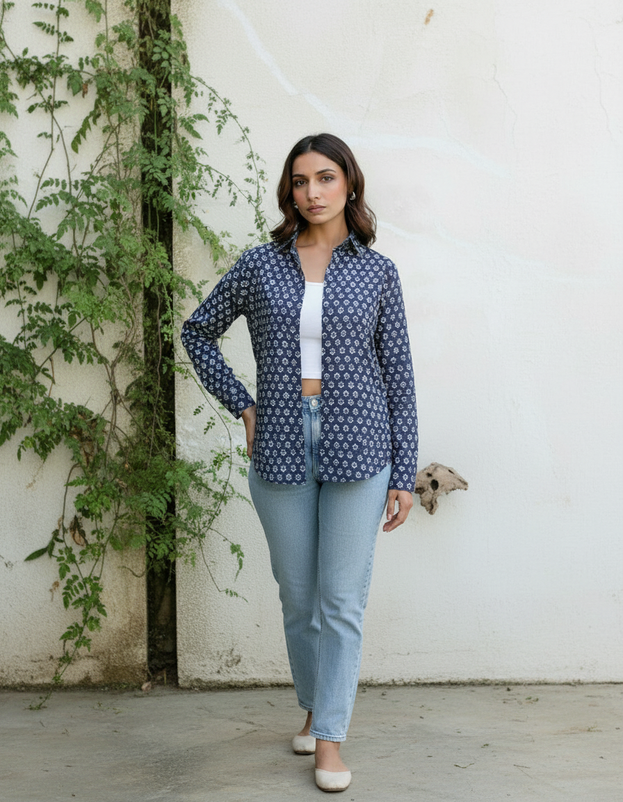Navy Ikat-Inspired Printed Casual Shirt for Women