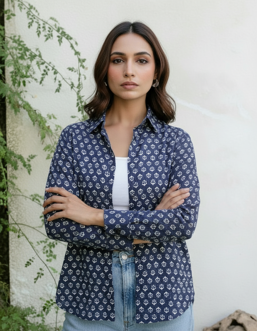 Navy Ikat-Inspired Printed Casual Shirt for Women