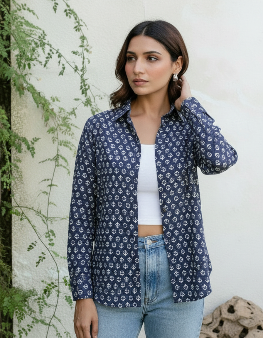 Navy Ikat-Inspired Printed Casual Shirt for Women