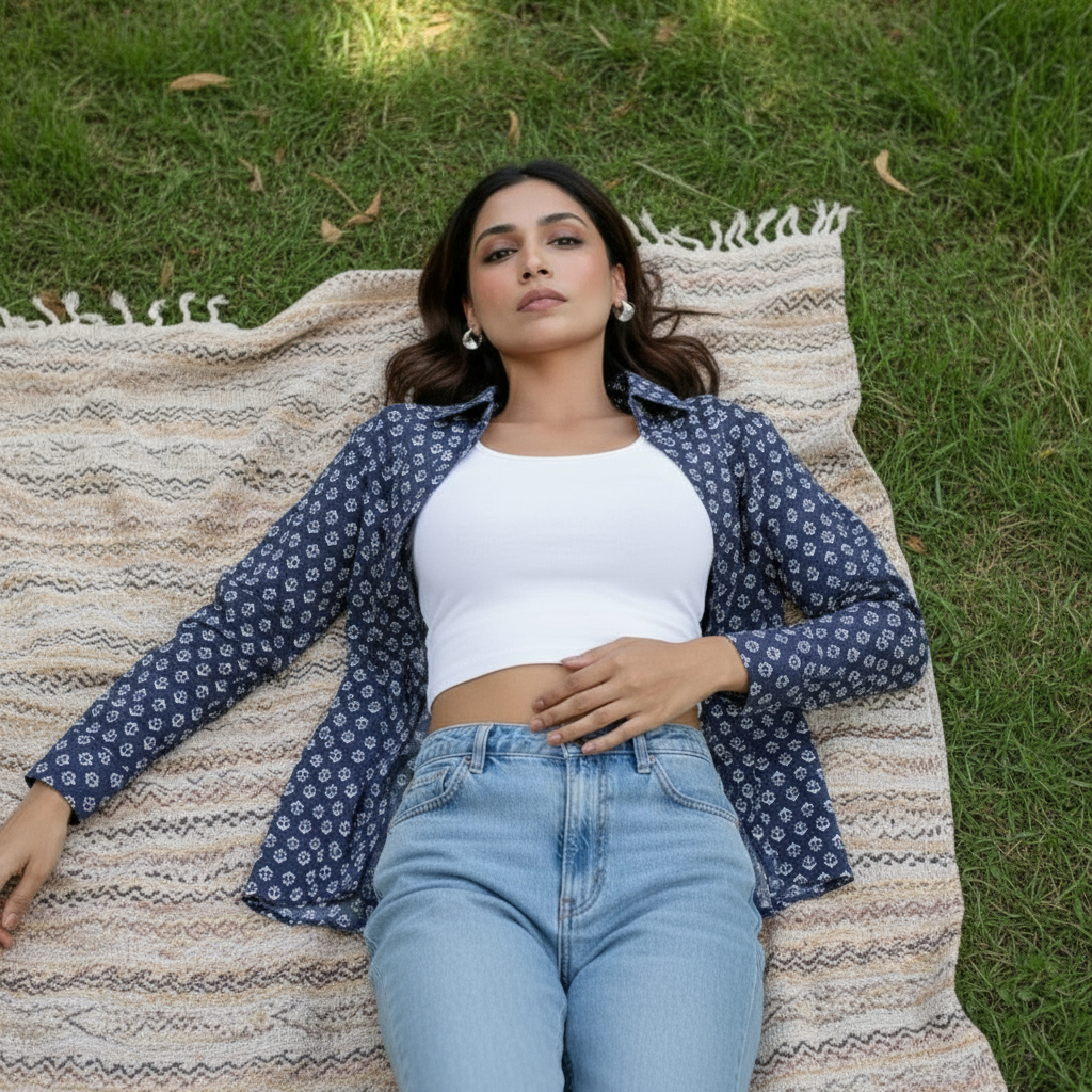 Navy Ikat-Inspired Printed Casual Shirt for Women