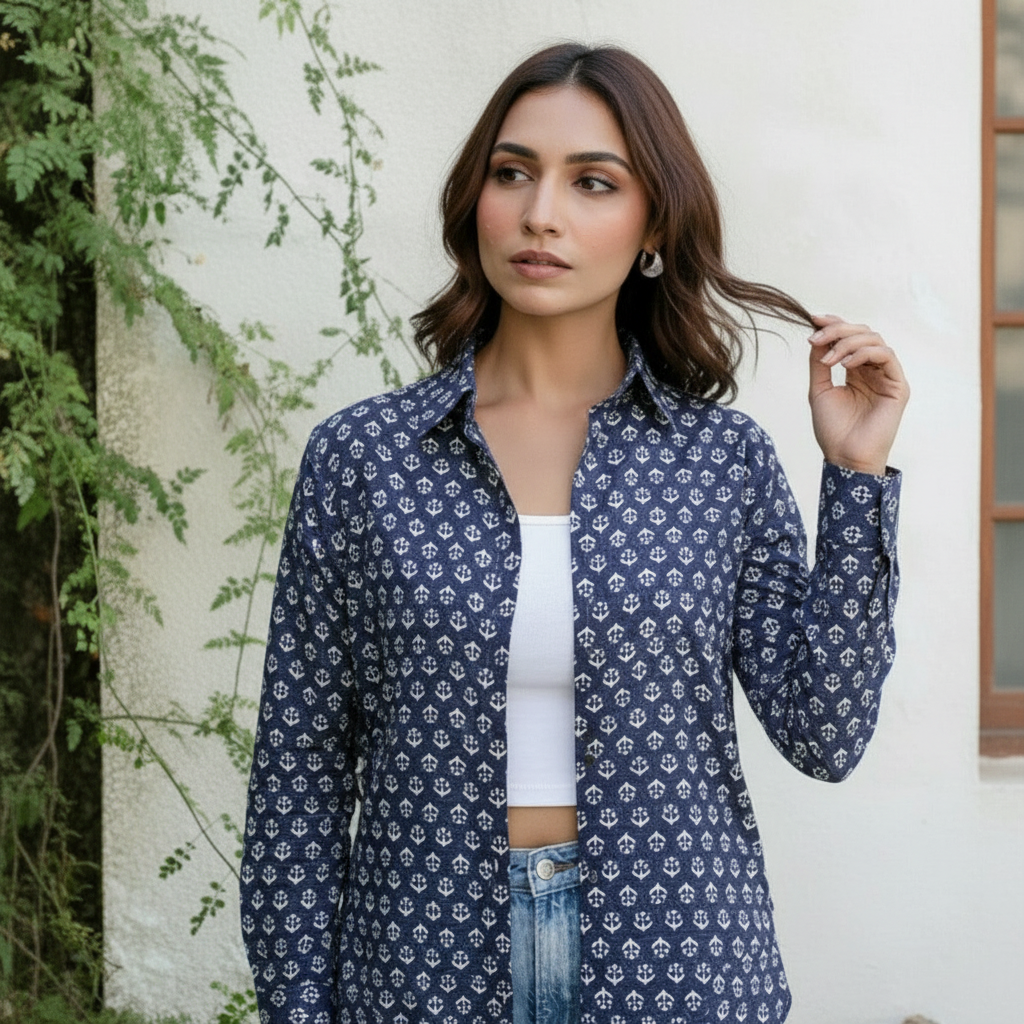 Navy Ikat-Inspired Printed Casual Shirt for Women