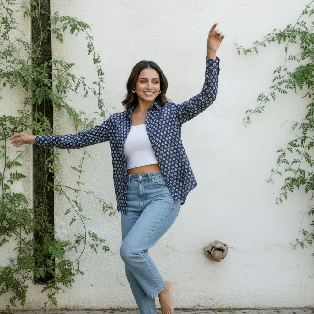 Navy Ikat-Inspired Printed Casual Shirt for Women