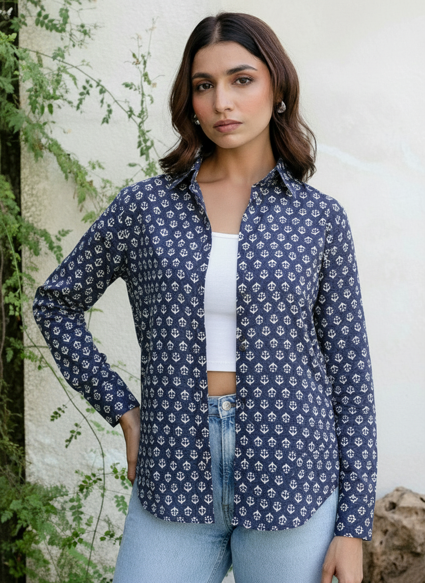 Navy Ikat-Inspired Printed Casual Shirt for Women