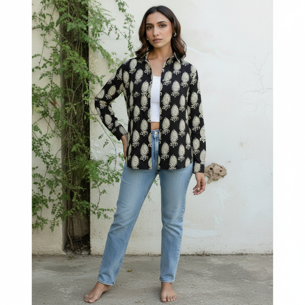 Black Paisley Block Print Casual Shirt for Women