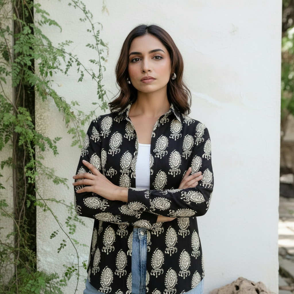 Black Paisley Block Print Casual Shirt for Women