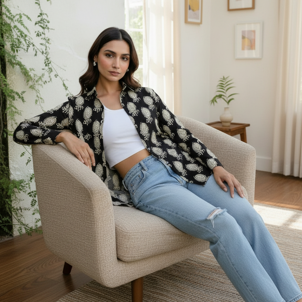 Black Paisley Block Print Casual Shirt for Women