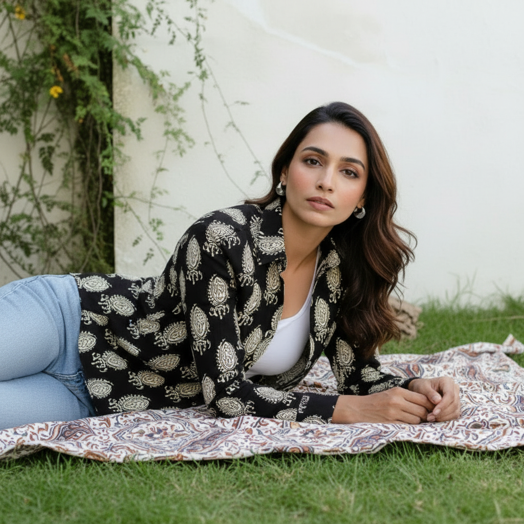 Black Paisley Block Print Casual Shirt for Women