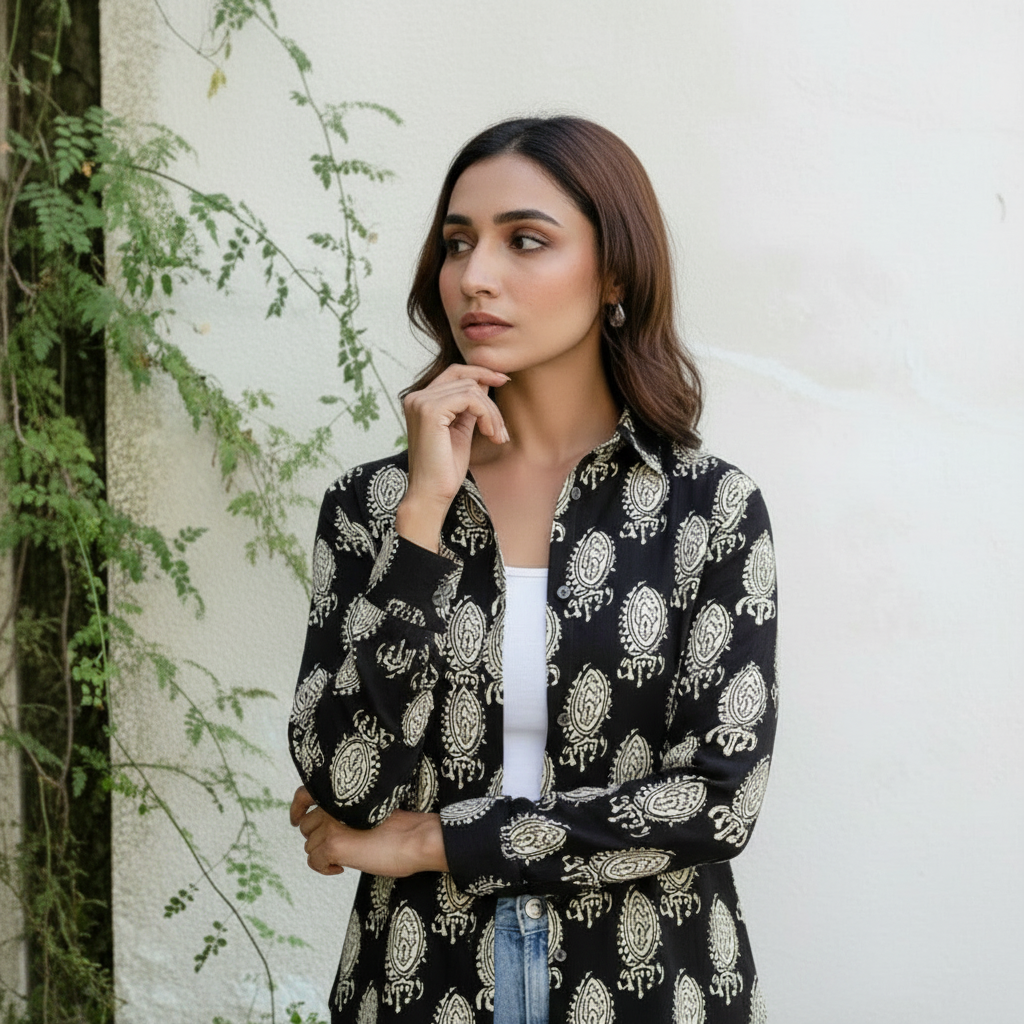 Black Paisley Block Print Casual Shirt for Women