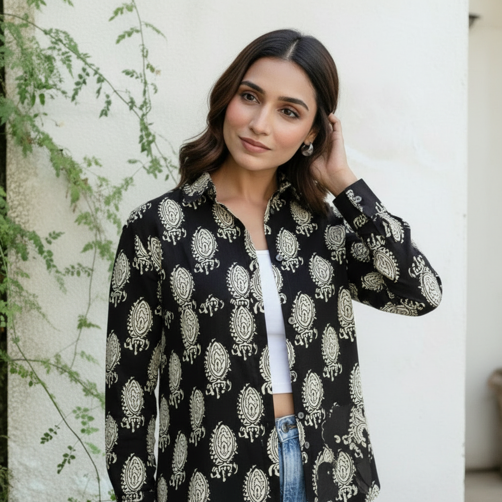 Black Paisley Block Print Casual Shirt for Women