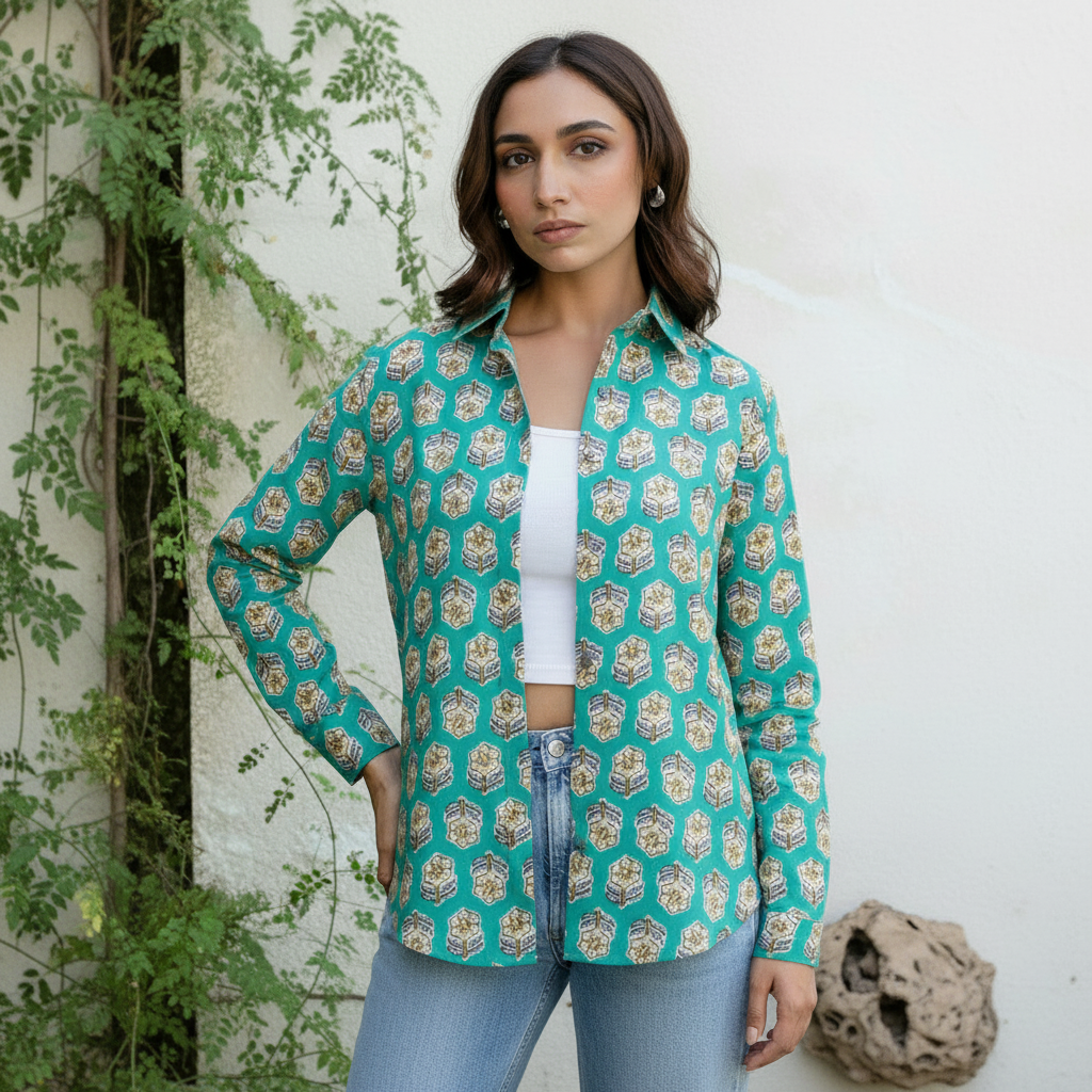 Teal Mughal Block Print Casual Shirt for Women