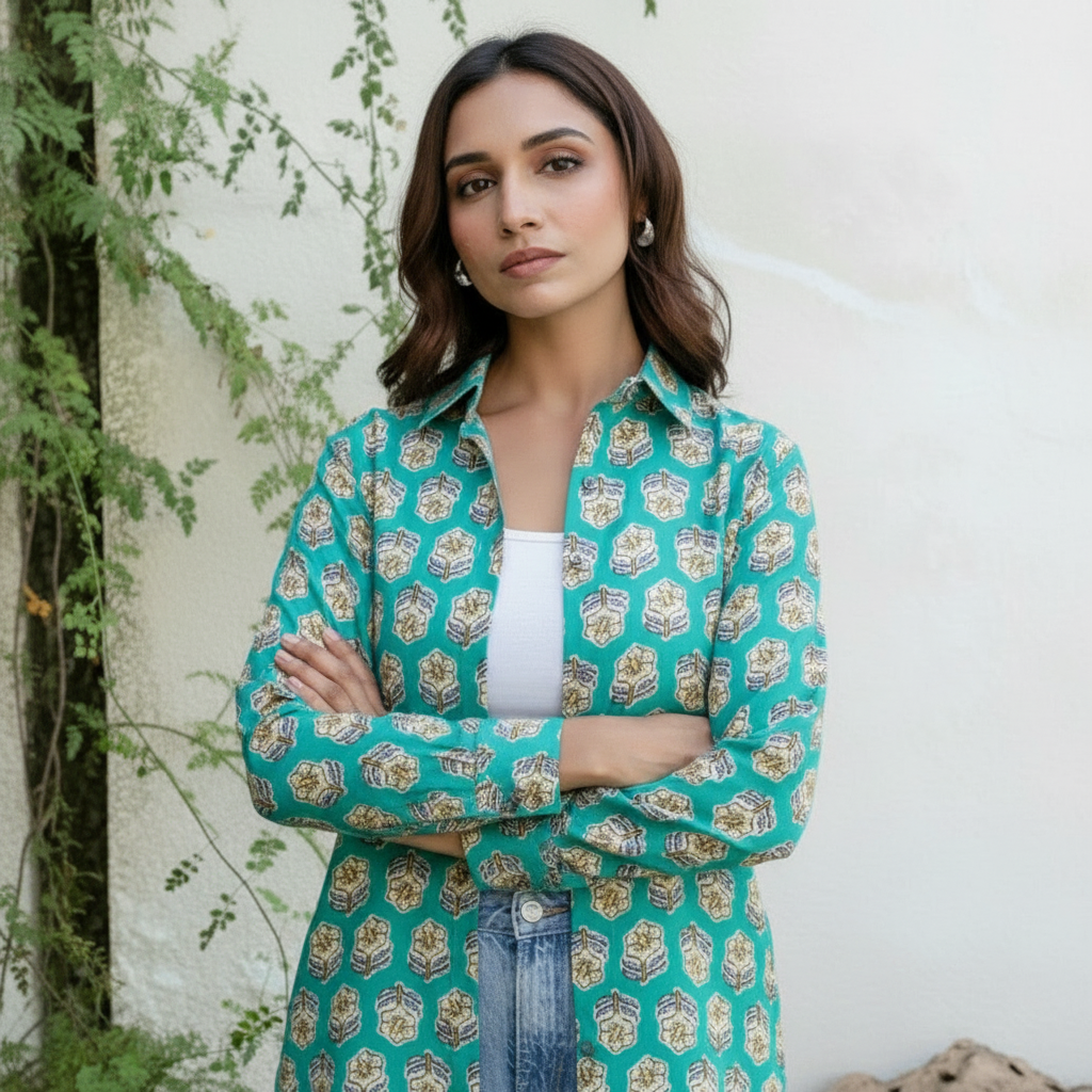 Teal Mughal Block Print Casual Shirt for Women