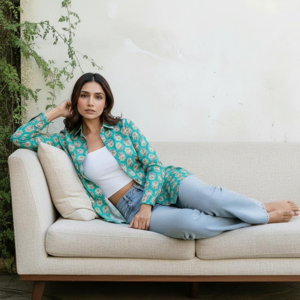 Teal Mughal Block Print Casual Shirt for Women